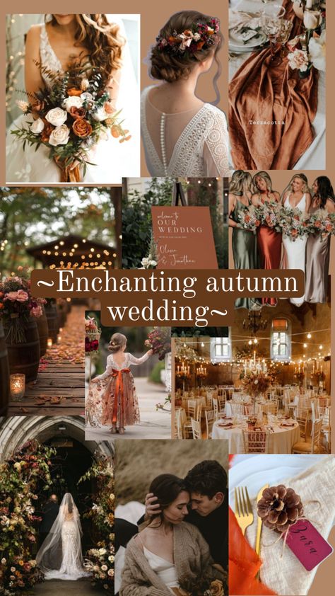 Stunning autumn wedding elements. Romantic Fall Wedding Bridesmaids, Autumn Wedding Mood Board, Colourful Autumn Wedding, Autumn Wedding Ideas September, Autumn Wedding Uk, Autumn Woodland Wedding, Whimsical Autumn Wedding, Autumn Wedding Colour Scheme, Soft Autumn Wedding