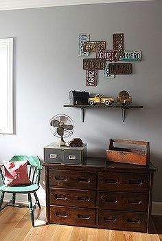 Shelving with memory items on it                                                                                                                                                                                 More Vintage Car Bedroom, Car Themed Nursery, Cars Bedroom, Vintage Car Nursery, Vintage Inspired Room, Boys Shared Bedroom, Car Nursery, Children Room Boy, Cars Room