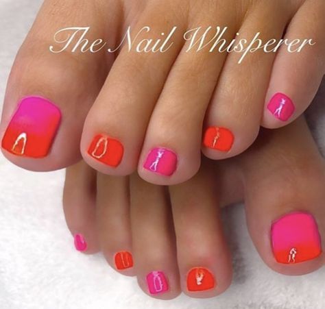 Coral Toenails With Design, Pink And Orange Toenails Pedicures, Pink And Orange Pedicure Ideas, Pink And Orange Gel Nails Short, Blue Summer Pedicure, Sunset Toe Nails, Red Orange Pedicure, Beach Nails Orange And Pink, Neon Pink Pedicure