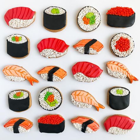 3,283 Likes, 46 Comments - Patti Paige (@bakedideas) on Instagram: “Sushi Thursday 🍣. Say that 3 times fast!! 🤣 Made these live @fooddotcom.” Sushi Cookies, Sushi Cupcakes, Candy Sushi, Dessert Sushi, Sushi Cake, Rice Food, Sushi Party, Food Cookies, How To Make Sushi