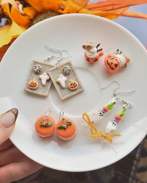 Getting closer to spooky season 🎃�👻 - - - #halloween #spookyseason #clayart #polymerclayearrings #polymerclayartist #claycharm #clayhalloween #claycreations Halloween Jewlery, Polymer Jewellery, Butter Cookies Recipe, Clay Craft, Halloween Time, Resin Ideas, Tiny Things, Earring Ideas, Polymer Jewelry