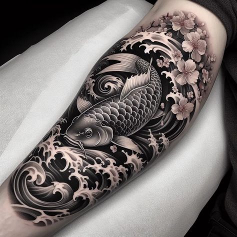 I will draw your unique and professional japanese tattoo design Chinese Sleeve Tattoo Men, Chinese Koi Fish Tattoo, Japanese Koi Fish Tattoo Design For Men, Japanese Bicep Tattoo, Japanese Forearm Tattoo For Men, Japanese Geometric Tattoo, Japanese Koi Tattoo Design, Japanese Tattoo Fish, Japanese Tattoo Background