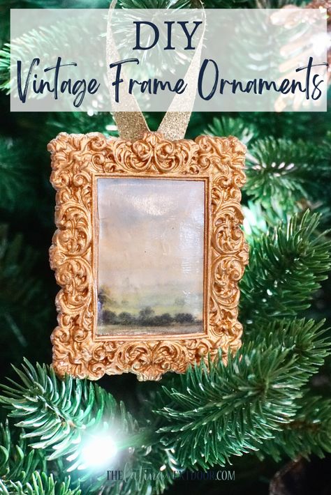 Diy Picture Frame Ornaments, Picture Frame Ornaments Diy, Diy Picture Ornaments, Wreath In Frame, Diy Vintage Christmas Ornaments, Dollar Tree Christmas Trees, Dry Clay Ideas, Air Dry Clay Ideas, Dollar Tree Christmas Diy