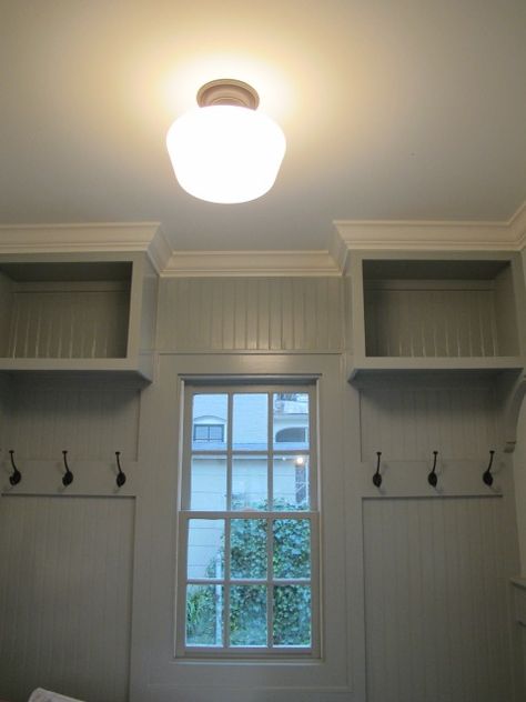 laundry/mud rooms - Sherwin Williams - Magnetic - Sherwin Williams Creamy crown molding gray green walls beadboard walls schoolhouse light Fantastic Mudroom Beadboard, Beadboard Mudroom, Gray Beadboard, Cabinets Mudroom, Gray Mudroom, Beadboard Cabinets, Mudroom Paint, Beadboard Walls, Cottage Laundry Room