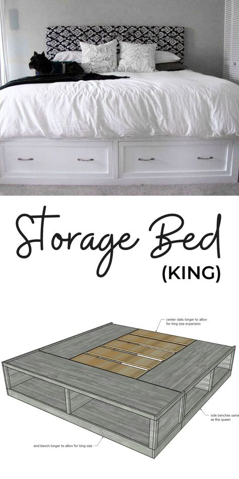 How To Make A Platform Bed With Storage, Captains Bed King, White King Platform Bed, Diy King Size Bed Frame With Storage, Cal King Storage Bed Frame, King Bed Frame Ideas With Storage, Farmhouse Bed With Drawers, Beds And Bed Frames, King Sized Bed With Storage