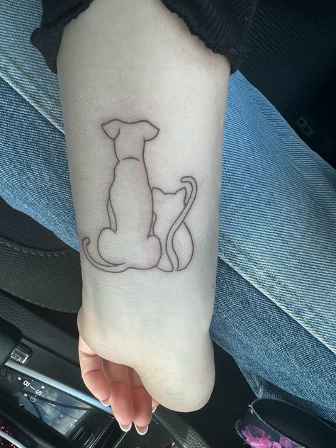 Cat Dog Outline Tattoo, Black Cat And Golden Retriever Tattoo, Cat And Dog Minimalist Tattoo, Dog And Cat Silhouette Tattoo, Cat And Dog Line Tattoo, Dog Cat Tattoo Simple, Silhouette Dog Tattoo, Cat And Dog Tattoo Ideas, Dog And Cat Tattoo Together