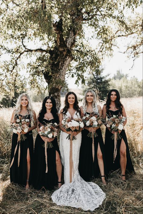 Bridesmaids Country Wedding, Black Bridesmaid Dresses Rustic, Bridesmaid Rustic Dresses, Black Bridesmaid Dresses With Cowboy Boots, Black Wedding Dress Bridesmaid, Summer Outside Wedding Ideas, Rustic Western Bridesmaid Dresses, Cowboy Wedding Bridesmaids, Western Wedding With Black Bridesmaid Dresses