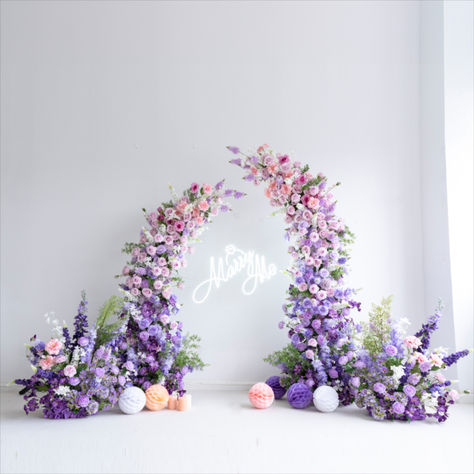 Wedding arch with florals arrangments Aisle Runner Backdrop | Ceremony Flowers Decoration with gradient pink and purple color | Party Inspo 2024 | Free International Shipping | 180cm/210cm (6ft by 7 ft) Pastel Flower Backdrop, Purple Aisle Flowers, Sage And Lavender Wedding, Lavender Engagement, Lavender Palette, Ganpati Decor, Bridal Shower Backdrop, Aisle Flowers, Color Party