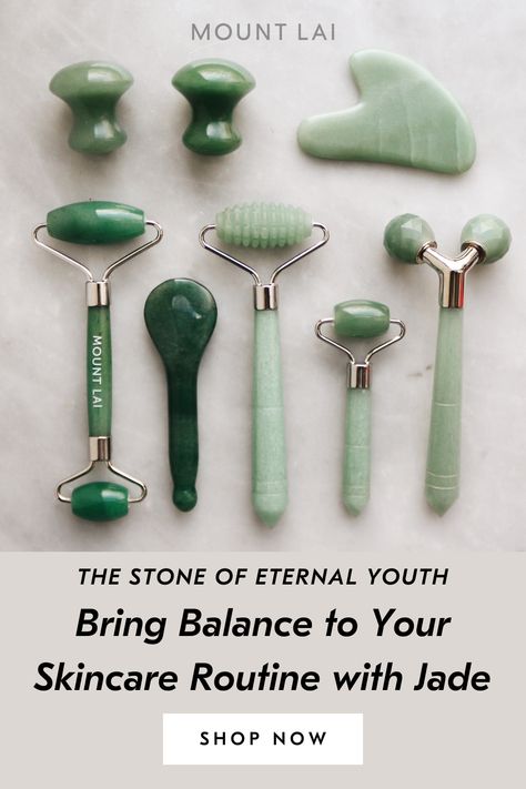 Jade is a powerful and timeless stone that symbolizes eternal youth. Using this stone helps attract tranquility and good luck while expelling negative energy. Bring balance and harmony to your skincare routine with Mount Lai’s jade facial tools. Featured are the The Jade Eye Massage Tool, Gua Sha Facial Lifting Tool, Acupressure Gua Sha Spoon, Textured Facial Roller, Mini Facial Roller and the Tension Melting Massager for the Face & Neck. Shop yours now at mountlai.com. Face Massaging Tool, Face Massage Stone, Face Massage Tools, Eye Massager Tool, Spoon Face Massage, Face Massager Roller, Massage Roller Face, Facial Tools Skin Care, Face Tools Skin Care