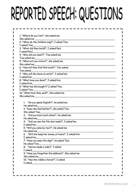 Reported Speech - English ESL Worksheets for distance learning and physical classrooms Reported Speech Questions, Speech Worksheets, Direct And Indirect Speech, Indirect Speech, Direct Speech, English Grammar Exercises, Reported Speech, Grammar Exercises, English Exercises