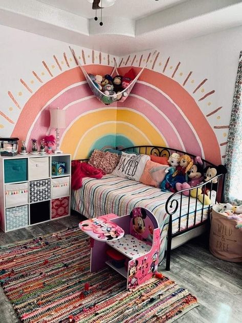 Rainbow And Space Room, Rainbow Room Inspiration, Mural Wall Art Kids Rooms, Murals For Girls Bedroom, Rainbow On Wall Kids Rooms, Painting Girls Room Ideas, Rainbow Painted Walls Kids Rooms, Rainbow Room Decor Girls Bedroom, Kids Colorful Bedroom