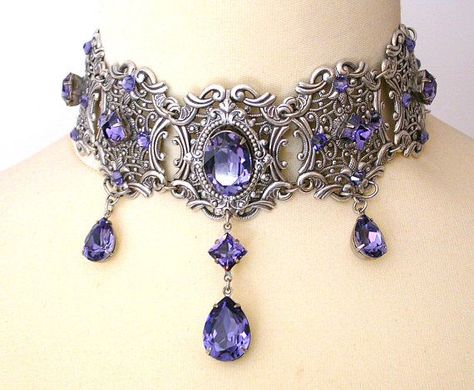 Tanzanite Swarovski Crystal Choker Victorian by LeBoudoirNoir, €140.00 Kalung Choker, Victorian Gothic Jewelry, Anting Manik, Gothic Choker, Gothic Chokers, Swarovski Crystal Jewelry, Swarovski Necklace, Silver Choker, Crystal Choker