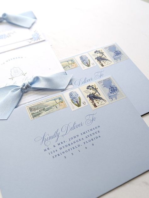 curated vintage stamps on blue envelope with printed address Invitation Decoration Ideas, Luxury Wedding Invitation Suite, Coastal Chic Wedding Invitations, Diy Wedding Invitation Suite, Wedding Invitation Envelope Ideas, Wedding Envelope Ideas, Korean Wedding Invitation, Wedding Invite Envelopes, Wedding Invitation Photography