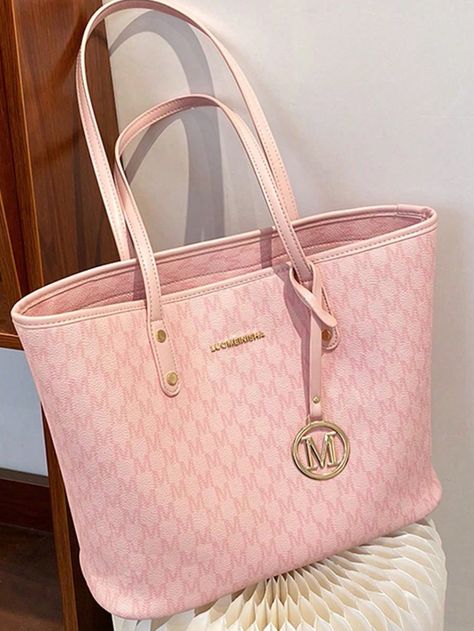 2023 New Fashion Women's Large Capacity Full Body Print Design Letter Pattern Decoration Design Double Handle Tote Bag Suitable For Work And Commuting,School Bag,Large Capacity,Portable,Classic Casual,Business Casual,For Teen Girls Women College Students,White-Collar Workers,Perfect For Work,Back To School,Middle School,High School,College,Vacation, Fashionable Tote Bag With Zipper Pink Fashionable   PU Leather Geometric,Letter,All Over Print,Textured Pattern Shoulder Tote Bag   Women Bags, size Tout Rose, Large Handbags Tote, Retro Handbags, Large Handbag, Pink Tote Bags, Pink Tote, Casual Tote, Shoulder Tote Bag, Letter Patterns