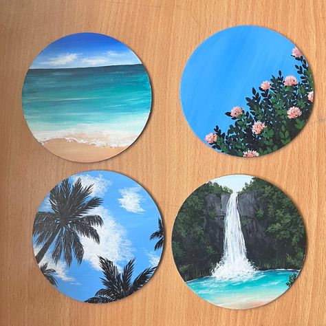 Mdf coaster art 3 Round Canvas Painting Ideas, Acrylic Painting Coasters, Coaster Drawing Ideas, Raisin Coasters, Wood Coaster Painting Ideas, Circle Coaster Painting Ideas, Costers Diy Paint, Mdf Coasters Painting, Coaster Art Paint