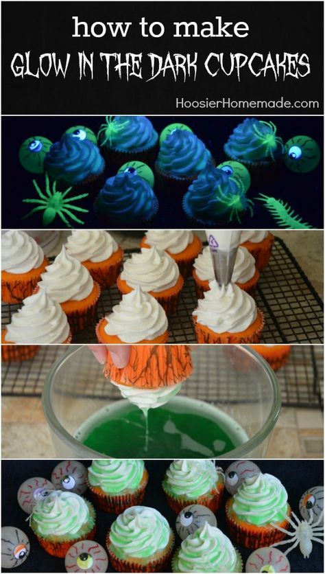 Black Light Cupcakes, Glow Cupcakes Black Lights, Foods That Glow Under Black Light, Glow In The Dark Cupcakes Neon, Glow Party Halloween, Glow Party Cupcakes, Glow In The Dark Frosting, Glow Cupcakes, Dark Cupcakes