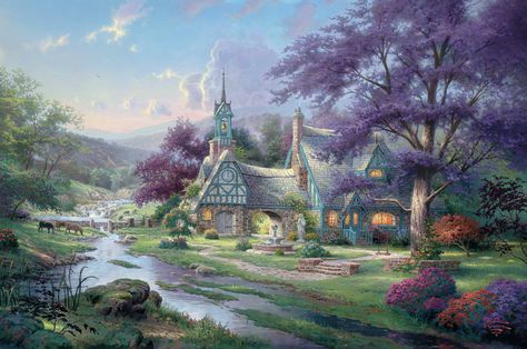 Cottages Thomas Kinkade Cottage, Thomas Kinkade Art, Thomas Kinkade Paintings, Thomas Kincaid, Kinkade Paintings, Art Thomas, Scene Painting, Cottage Painting, Cottage Art