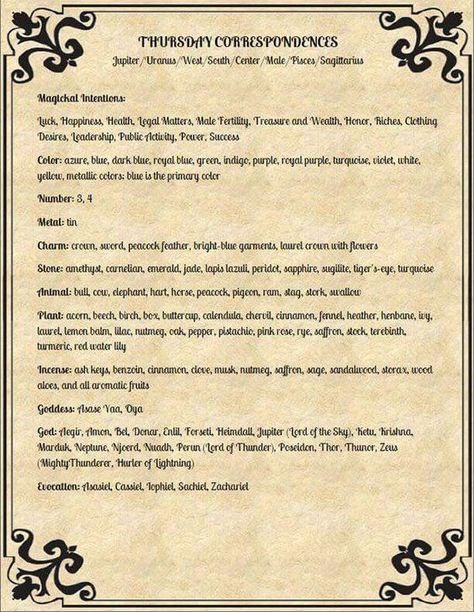 Thursday Correspondences Saturday Correspondences, Wicca Correspondences, Magic Correspondences, Magickal Correspondences, Magick Spells, Book Of Shadow, Wiccan Spells, Magic Spells, Spell Book