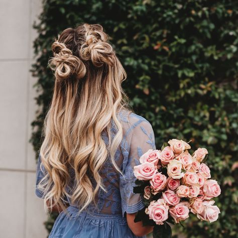 Romantic Space Buns  #bohobraids #bohoweddinghair #spacebuns #braids #blonde Space Bun Bridal Hair, Bridesmaid Hairstyles Space Buns, Bridesmaid Hair Space Buns, Bridesmaid Space Buns, Space Buns Wedding, Bridal Space Buns, Boho Space Buns, Space Bun Wedding Hair, Space Buns Prom