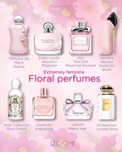 🌸 Dive into a floral paradise with these exquisite scents: 💖 Parfums de Marly Delina: A symphony of rose, litchi, and rhubarb, Delina embodies pure femininity. 🌼 Estée Lauder Beautiful Magnolia: Experience the fresh, feminine allure of magnolia in this delightful fragrance. 🌷 Dior Miss Dior Blooming Bouquet: Blooming with peony, rose, and citrus, this scent is a breath of fresh air. 🎀 Carolina Herrera Good Girl Blush: Soft peony and vanilla notes create an elegant and charming bouquet. 🌹... Good Girl Blush, De Marly Delina, Seductive Perfume, Dior Miss Dior, Carolina Herrera Good Girl, Feminine Perfume, Blooming Bouquet, Miss Dior Blooming Bouquet, Fragrances Perfume Woman