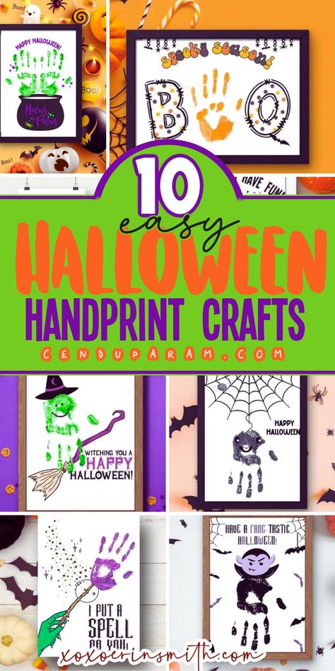 fun halloween handprint art for toddlers and preschol Halloween Handprint Art For Toddlers, Halloween Hand Craft, Handprint Art Ideas, Halloween Handprint Art, October Lesson Plans, Halloween Handprint Crafts, Halloween Coloring Pictures, Halloween Lesson Plans, Halloween Activities For Toddlers