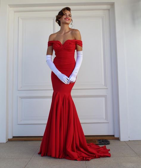 Image may contain: 1 person, standing Pretty Woman Red Dress, Prom Dress With Gloves, Rolene Strauss, Hollywood Glam Dress, Elegant Fits, Easter Dress Toddler, Dress And Gloves, Red Evening Gowns, Easter Dresses For Toddlers