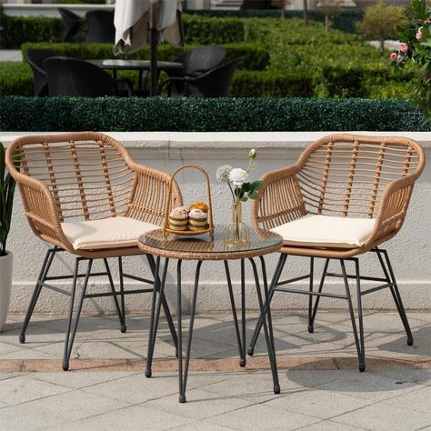 PRICES MAY VARY. PATIO BISTRO SET: This patio furniture set includes 2x PE rattan armchairs and 1x circular side table and 2x cushions, which is a perfect addition to your garden, balcony, poolside and more. The luxurious balcony furniture with its elegant outlook, delicate details and modern tone, will be an artwork in patio,deck,garden,backyard,poolside, etc. PREMIUM MATERIAL:Our outdoor bistro set with lovely PE wicker wrapped design, which not only has a sleek and minimalist appearance, but Iron Furniture Outdoor, Luxurious Balcony, Wicker Furniture Patio, Balcony Furniture Set, Poolside Garden, Wicker Patio Chairs, Modern Outdoor Patio, Porch Chairs, Outdoor Bistro