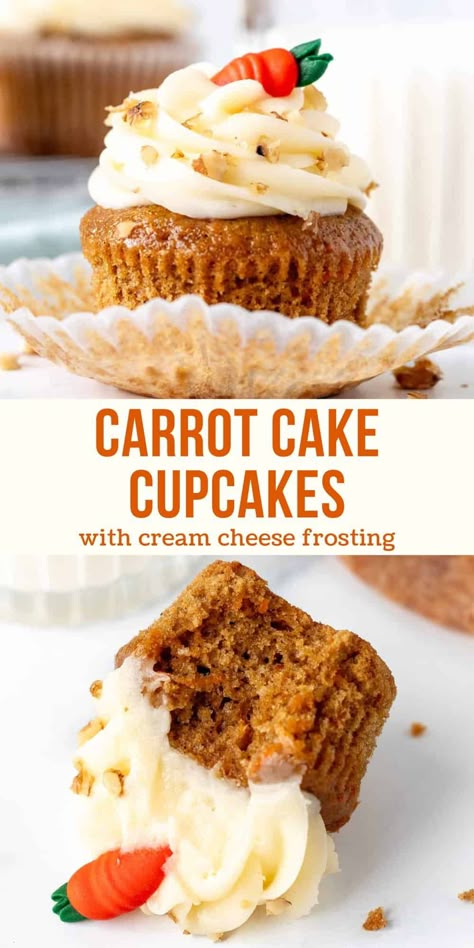 These carrot cake cupcakes with cream cheese frosting are incredibly moist with the perfect carrot cake flavor thanks to warm spices, vanilla and grated carrots. The cream cheese frosting is thick, creamy and tangy. They're perfect for Easter or spring, and so adorable with carrot toppers. #carrotcake #cupcakes #carrotcakecupcakes #carrotcupakes #creamcheesefrosting #easterdessert #easterbaking #spring from Just So Tasty Super Moist Carrot Cake, Carrot Cupcake Recipe, Carrot Cake Topping, Butternut Bakery, Moist Carrot Cake, Cupcake Cream, Spring Cupcakes, Moist Carrot Cakes, Carrot Cake Muffins