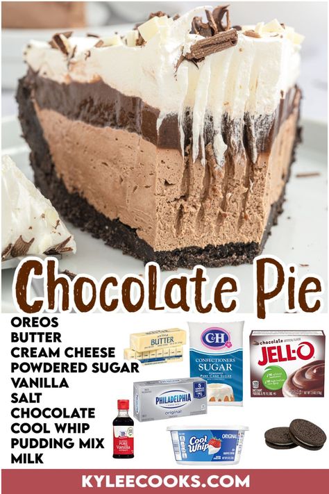 Looking for a crowd-pleaser dessert that's easy to make? 🌟 Try our No-Bake Chocolate Pie! It's a delightful blend of an Oreo crust, creamy chocolate filling, smooth chocolate pudding, and a whipped topping. Served chilled, this pie is a perfect make-ahead treat for any occasion. Share the joy of chocolate with your loved ones! ❤️🍫🥧 Hershey Pie, Chocolate Pudding Pie Recipe, Baked Chocolate Pudding, Easy Chocolate Pie, Chocolate Silk Pie, Chocolate Cream Pie Recipe, Baking Breads, Italian Cakes, Pie Easy