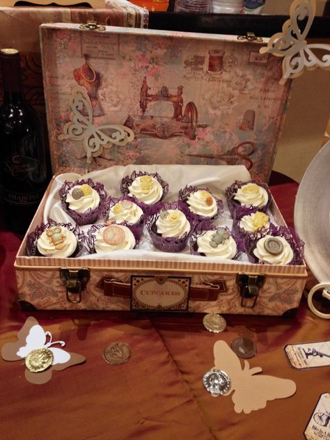 Cool idea to display cup cakes at your wedding... Think outside the box for exciting ideas to make your wedding unique. That's what we do here at Vintage Emporium Rentals in Lancaster Pa. All our team are Visual Display Directors. We help make your wedding vignettes look spectacular. Contact us today to see how we can help you on your special day. Punk Cookies, Steampunk Party Food, Steampunk Cupcakes, Wedding Vignettes, Steampunk Cakes, Steampunk Wedding Themes, Steampunk Cake, Display Cupcakes, Steampunk Birthday