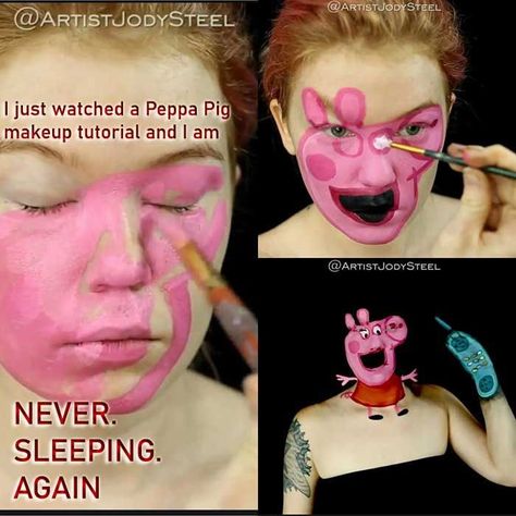 No Sleep Pig Shocker Time ? 🐽 🐽 😱 Peppa Pig Makeup, Pig Makeup, Pig Eyes, No Sleep, Costume Inspo, Halloween Costumes Makeup, Peppa Pig, Little Miss, Alarm Clock