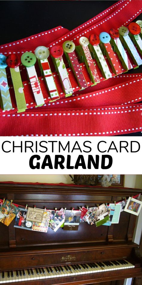 Hang your Christmas cards anywhere with this Christmas card garland made with pegs. Christmas Card Hanging Ideas, Hang Christmas Cards, Christmas Card Garland, Christmas Card Hanger, Hanging Christmas Cards, Card Garland, Garland Tutorial, Diy Christmas Garland, Crafty Christmas