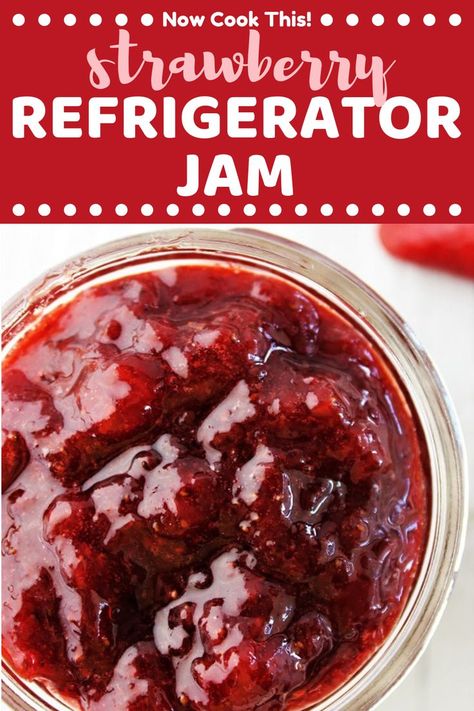 This quick and easy homemade Strawberry Refrigerator Jam is made with just three simple ingredients, has no added pectin, and only takes 30 minutes. This recipe makes a small batch of deliciously sweet jam that you store in the refrigerator or freezer, so no canning required! #strawberryjam #refrigeratorjam #freezerjam #strawberryrecipes | nowcookthis.com Strawberry Jalapeno Freezer Jam, Refrigerator Strawberry Jam Recipe, Strawberry Refrigerator Jam, Strawberry Preserves Recipe Easy, Quick Jam Recipes, Refrigerator Strawberry Jam, Strawberry Jam With Pectin, Easy Strawberry Jam Recipe, Refrigerator Jam