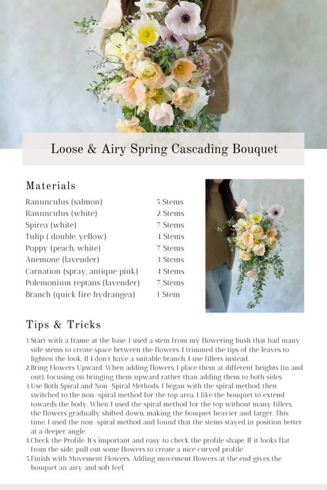 I'm sharing the bouquet recipe for this hand-tied cascading bouquet, and my 5 tips to make it loose and airy 😊 Bridal Bouquet Recipe, Bouquet With Ranunculus, Bouquet Recipes, Quick Fire Hydrangea, Bouquet Recipe, Wedding Diys, Ranunculus Bouquet, Cascading Bouquet, Flowering Bushes