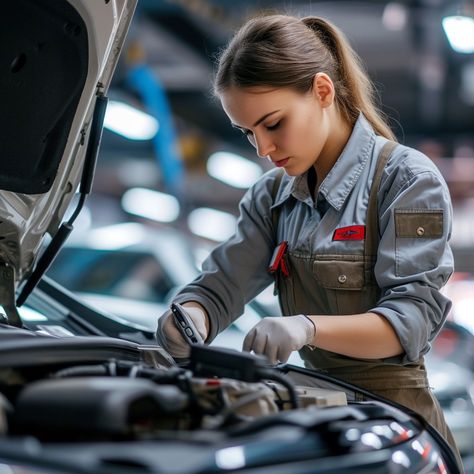 Mechanic at Work: A focused female mechanic carefully inspects the engine of a vehicle in a well-lit garage. #mechanic #female #car #engine #work #professional #garage #inspection #aiart #aiphoto #stockcake https://ayr.app/l/CTGc Mechanic Girl Aesthetic, Mechanic Aesthetic Female, Mechanic Pose, Mechanic Photoshoot, Mechanics Photography, Mechanic Aesthetic, Girl Mechanic, Mechanic Girl, Female Mechanic