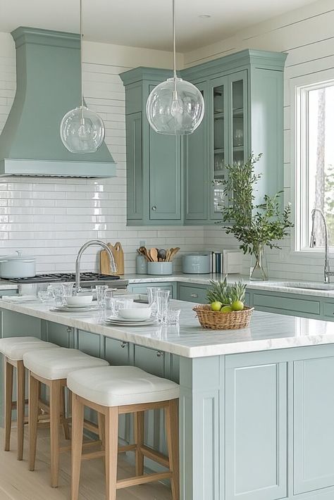 29 Coastal Farmhouse Kitchen Ideas to Merge Seaside Charm with Country Comfort Serena And Lily Kitchens, Tommy Bahama Kitchen Style, Coastal Color Kitchen Cabinets, Simple Coastal Kitchen, Beach Style Kitchen Ideas, French Country Beach House, Coastal Outdoor Kitchen Ideas, Kitchen Coastal Modern, Colorful Kitchen Islands