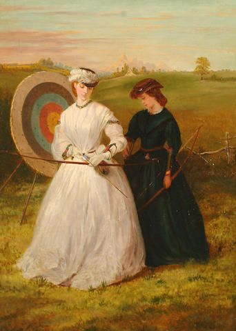 An Archery Lesson, 19th c English http://www.bonhams.com/auctions/13635/lot/288/ Archery Lessons, Archery Women, Tudor England, 19th Century Women, Victorian Paintings, Traditional Archery, Victorian Costume, Vintage Portraits, Historical Fashion