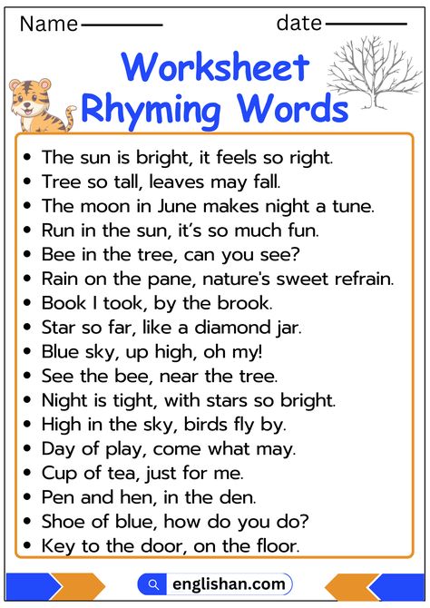 Rhyming Words Sheet Rhyme Words Worksheet, Rhyming Words Worksheets Grade 2, English Rhymes For Kids, Rhyming Words List, Rhyme Words, Rhyming Words For Kids, Teaching Rhyming Words, Boost Vocabulary, Rhyming Word Game