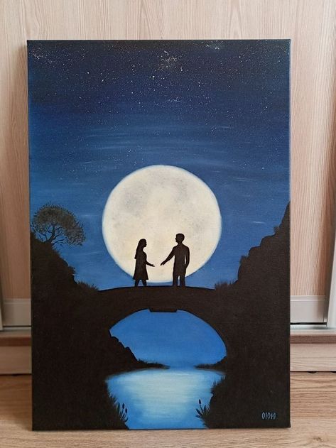 Romantic Painting Ideas Easy, Simple Romantic Painting, Romantic Easy Paintings, Relationship Paintings, Silhouette Painting Acrylic, Diy Crafts To Do At Home, Crafts To Do At Home, Love Canvas Painting, Canvas Art Painting Abstract