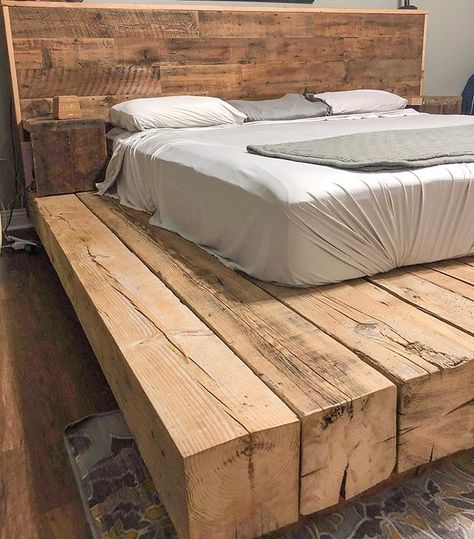 One year later, and the owners of this EPIC barn beam bed frame are still loving it!   . . . #apsdesign #apsconstruction #barnwoodbuilders #barnbeamfurniture #barnbeamsrepurposed #handmade Bed Made Of Wood, Wood Beam Bed Frame, Wood Beam Bed, Beam Bed Frame, Handmade Bed Frame, Rustic Bed Frames, Barnwood Bed Frame, Handmade Beds, Beam Bed