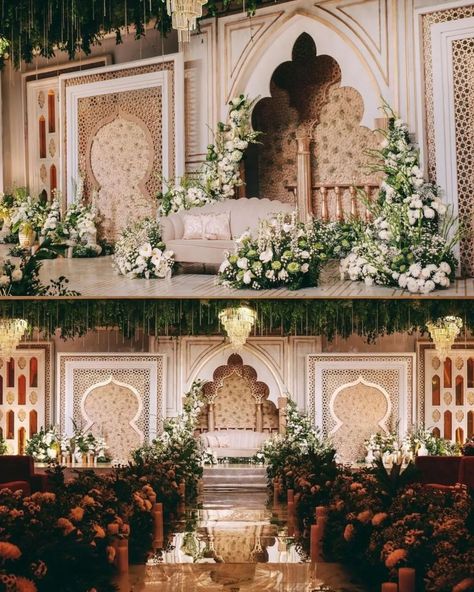 Event Repost | Wow! Everything about this is so elegant.. Decor by @colorsevents Originally featured on @eventrepost.in Follow our page for latest… | Instagram Mughal Wedding Backdrop, Latest Stage Decoration For Reception, Wedding Banquet Decor, Small Christian Wedding Ideas, Mandap Design Indoor, Blue Indian Wedding Decor, Indian Reception Stage Decor, Arab Wedding Decor, Pakistani Wedding Stage Decor