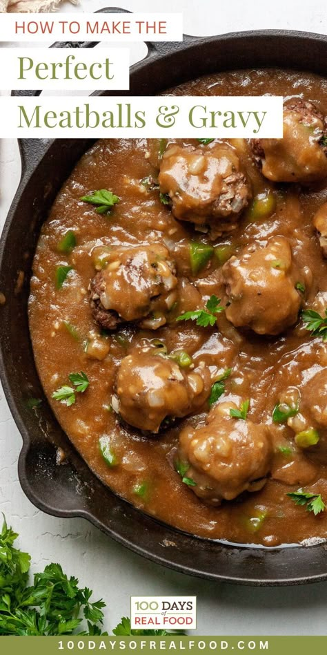 Homemade Meatballs with Gravy in a Skillet. With Text Reading: Homemade Meatballs with Gravy. Dinner Ideas Using Ground Beef, Meatball Gravy Recipe, Easy Meatball Sauce, Meals For Supper, Chicken Braid, Meatballs With Gravy, Meatballs Sauce Recipe, Healthy Steak Recipes, Easy School Lunch Ideas