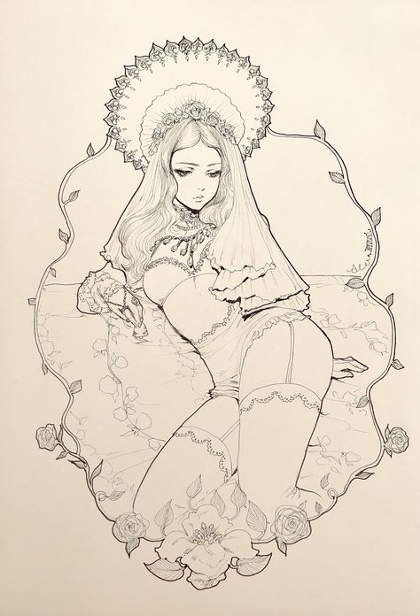 Jasmin Darnell, Elden Lord, 천사와 악마, Original Ink Drawing, White Drawing, Girl Illustration, Black And White Drawing, Art Reference Poses, Pretty Art