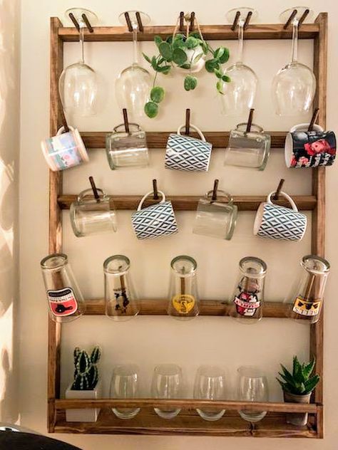 Barware Storage Ideas, Shelf For Glasses Bar, Storage For Drinking Glasses, Bar Glassware Display, Mug Storage Ideas Small Spaces, Wine Glass Display Ideas, Microwave Cubby, Wine Storage Ideas, Wine Glass Display