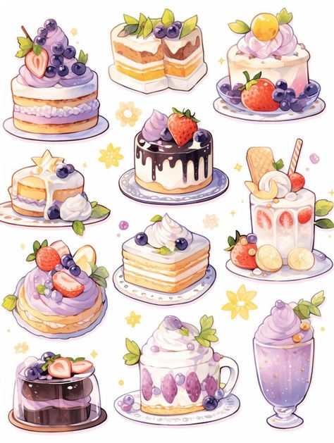 ☾~.~☕️follow me☕️~.~☾ Art Desserts Ideas, Dessert Art Illustration, Kawaii Cake Drawings, Baked Goods Drawing, Cake Drawing Reference, Dessert Art Drawing, Cute Dessert Drawings, Dessert Drawing Easy, Cake Digital Art