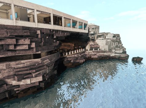 Bloxburg Cliffside House, Bloxburg Italian House, Italian Cliffside, Bloxburg Boat, Bloxburg Hotel Exterior, Bloxburg Hotel Ideas, Hotel Bloxburg, Cliffside House, Welcome To Bloxburg