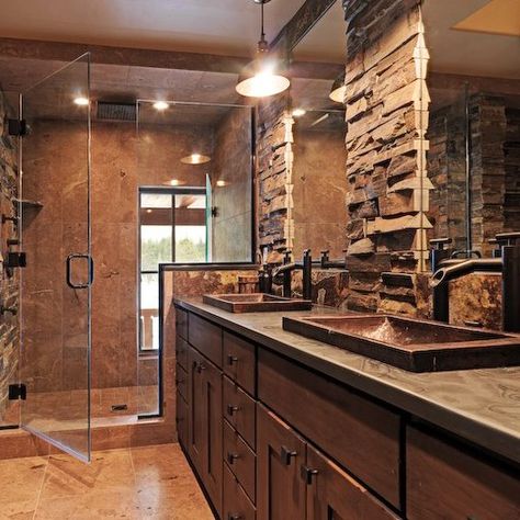 Contemporary Master Bath, Copper Sink Bathroom, Copper Bathroom, Cabin Bathrooms, Rustic Bathroom Designs, Country Bathroom, Rustic Bathrooms, Rustic Contemporary, Dream Bathrooms