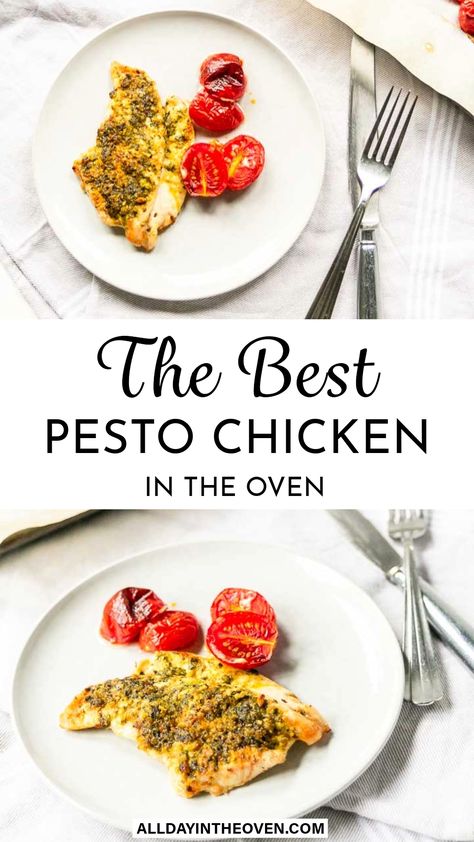 Pesto Chicken Breast Baked Chicken Dinner Oven, Pesto Recipes Healthy, Chicken Pesto Recipes Healthy, Oven Baked Pesto Chicken, Oven Breaded Chicken, Baked Chicken Pesto, Pesto Chicken Recipes, Chicken Pesto Bake, Pesto Baked Chicken