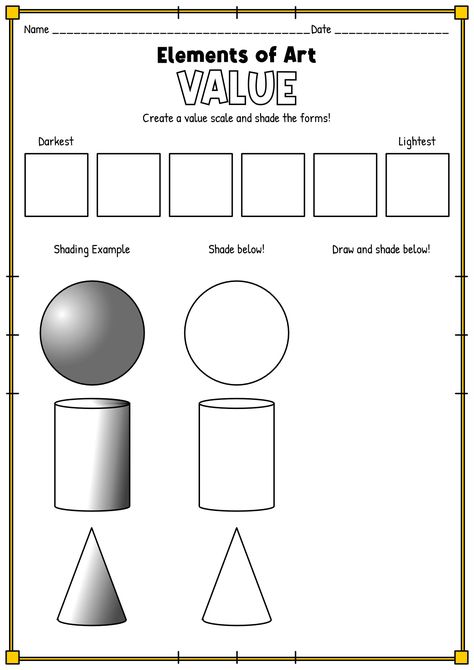 Value Shading Worksheet Art Art Value Worksheet, Value Practice Worksheet, Pencil Value Drawing, Pencil Shading Worksheet, Art Value Lesson, How To Teach Value In Art, Element Of Value Art Project, Value Shading Worksheet, Shading Art Lesson Elementary