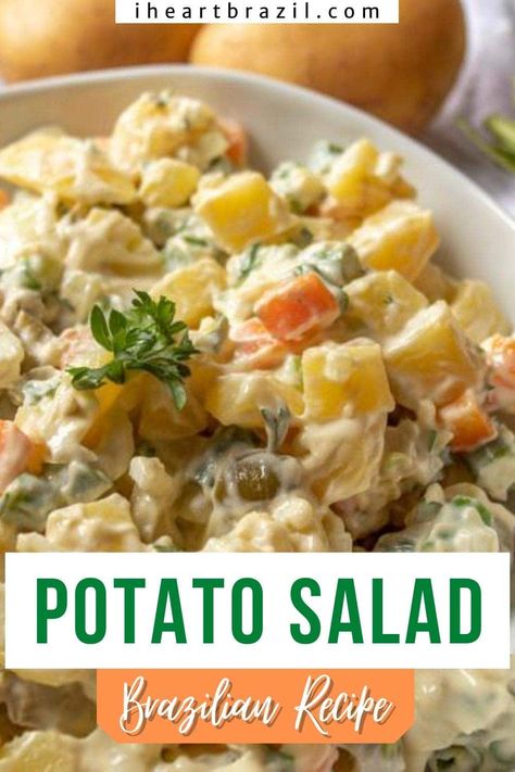 This Brazilian potato salad recipe with egg is the perfect side dish to grilled meats, heavy dishes, or during a summer day. It's loaded with nutrients, easy to make, and tastes divine! Get the recipe! #PotatoSaladRecipe #PotatoSalad #SummerSalad Brazilian Potato Salad, Brazilian Potatoes, Brazilian Bbq Sides, Brazilian Potato Salad Recipe, Spanish Potato Salad Recipes, Dominican Potato Salad, Potato Salad Easy, Brazilian Recipes, Brazilian Steakhouse